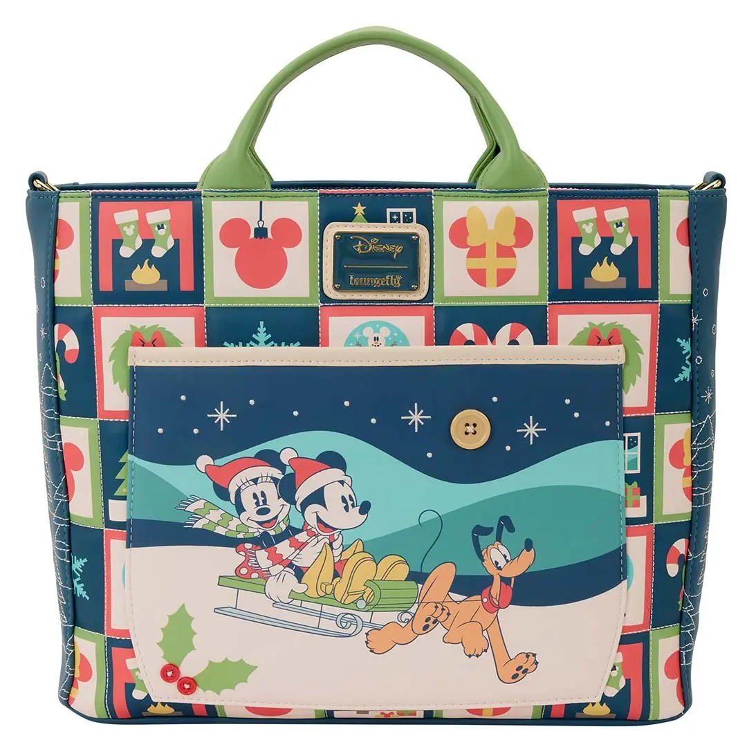 Loungefly Disney Mickey & Friends Holiday Faux Leather Convertible Tote Backpack, Women's Casual Commuting Handbag with Adjustable Strap, Graphic, Zipper, Wreaths, Holiday Theme