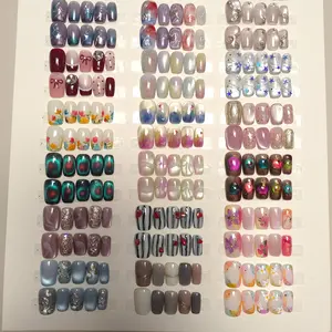 20 pairs of manually pressed nail art pieces suitable for women, glossy fake nail set with nail tools, medium long square shaped nail art, multi-color design suitable for parties, Halloween, Christmas, and daily dressing