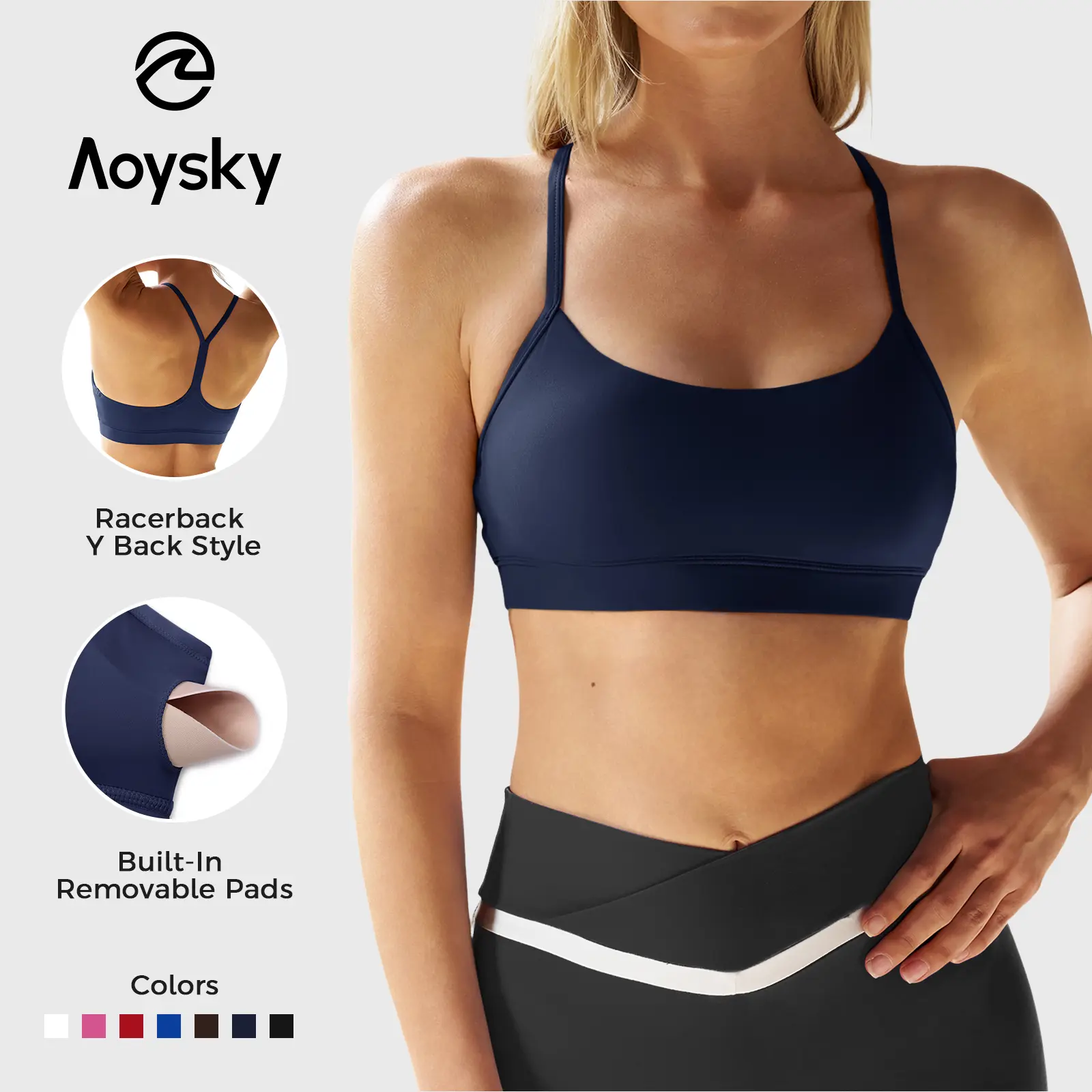 Aoysky Women's Strappy Sports Bra, Padded Wireless Y-Back with Scoop Neck for Low-Impact Yoga, Running & Workout, Black Sports Bra, Running Workout Bras