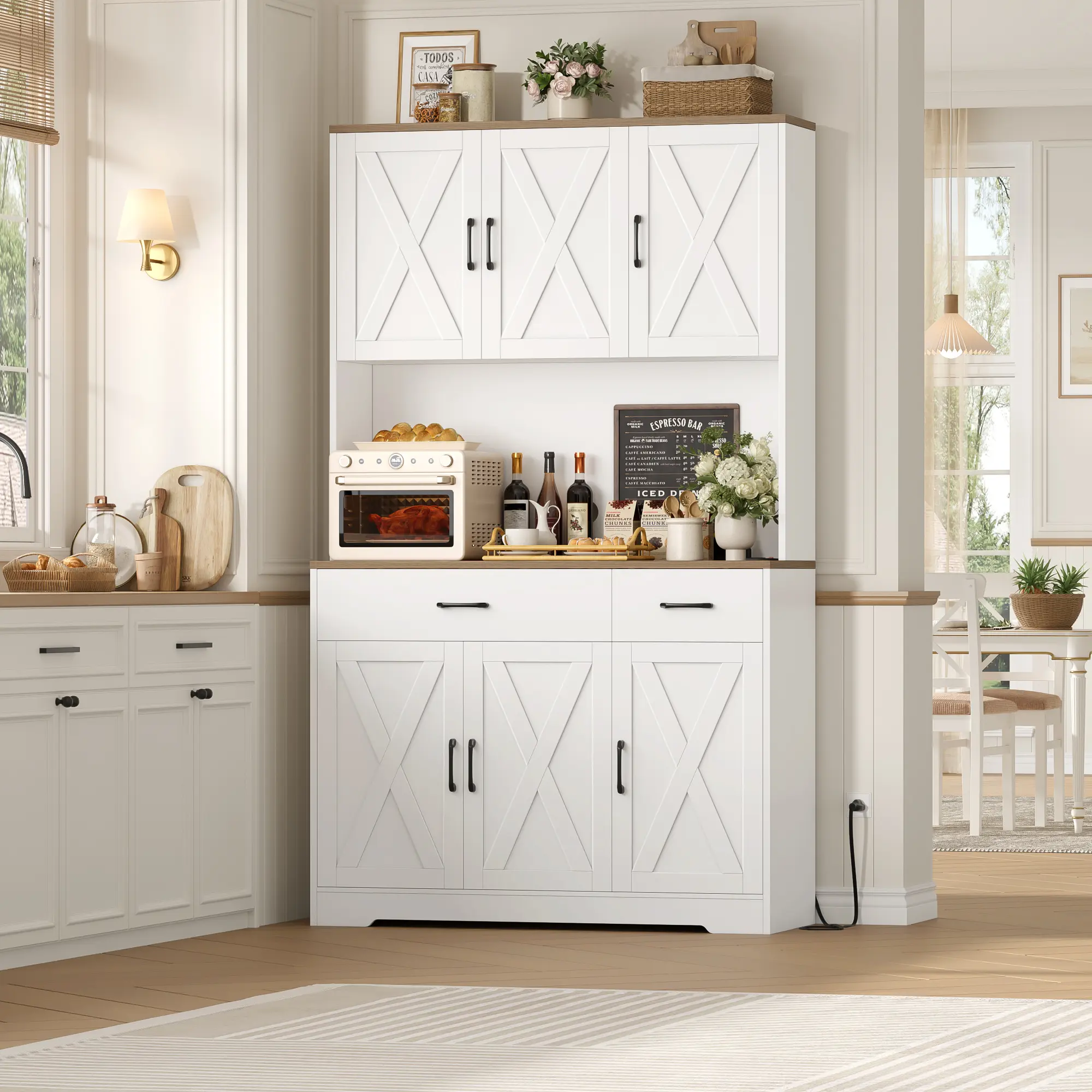 【2 packages shipping】HOSTACK 71" Tall Kitchen Pantry Storage Cabinet, Coffee Bar Cabinet with Charging Station,  Microwave Stand, Storage Drawers, Adjustable Shelves, 6 Doors,dorm essentials,home decor