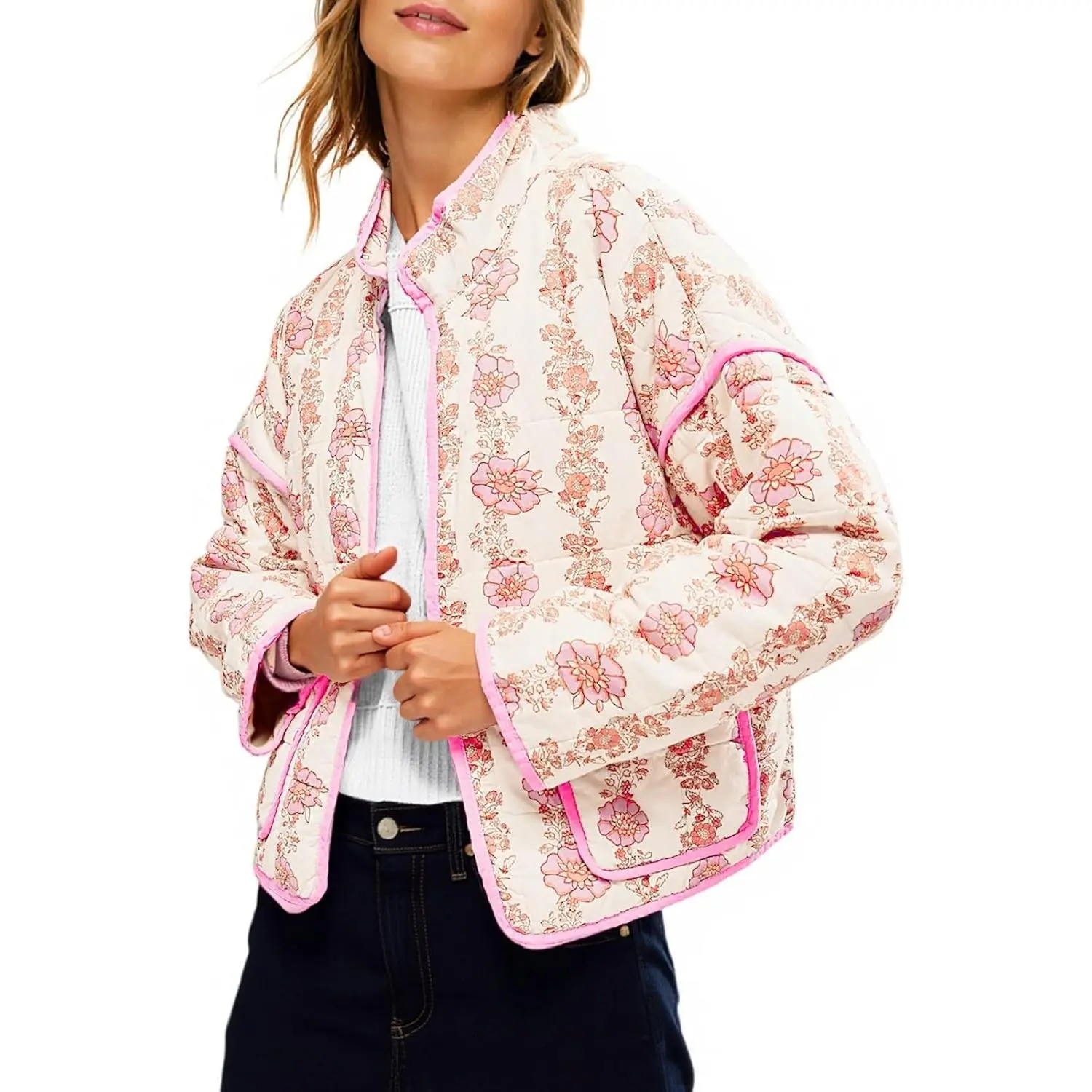 Lannew Womens Quilted Lightweight Jackets Floral Print Winter Coats Open Front Cardigan with Pockets
