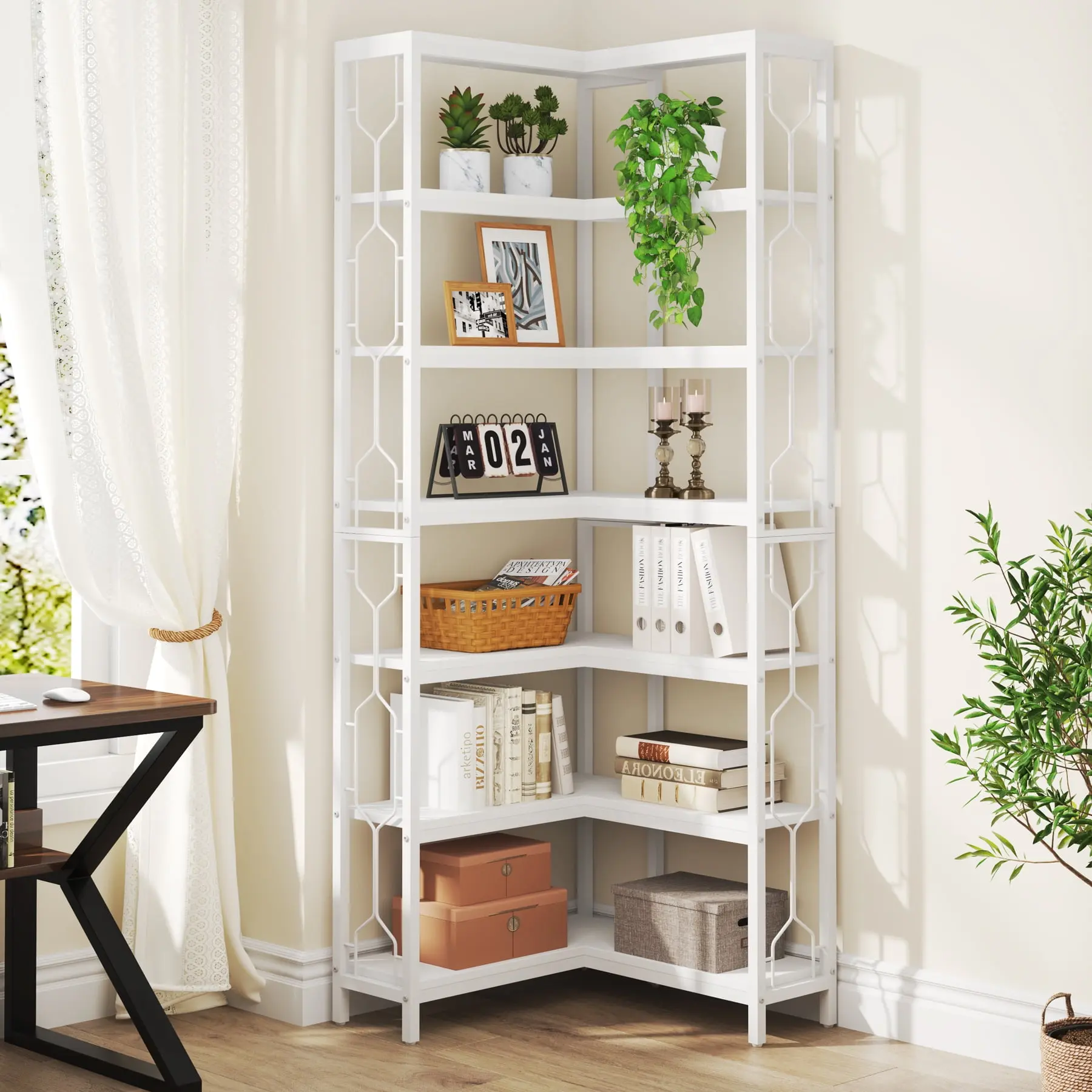 Tribesigns 7-Tier Corner Shelf, Industrial Display Bookshelf, Freestanding Wood and Metal Corner Etagere Bookcase for Living Room, Kitchen, Home Office