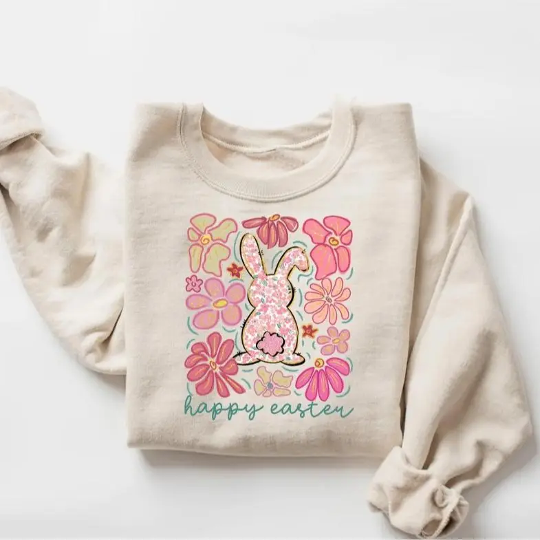 Happy Easter Bunny Floral Sweatshirt T-Shirt, Floral Easter Rabbit Sweatshirt, Cute Easter Gift, Women's Easter Outfit