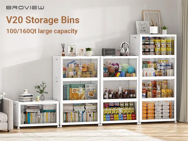 Broview V20 300QT/400QT/640QT Extra Large Stackable Storage Bins, Clear Plastic Closet Organizer Cabinet with Lid and Wheels, Collapsible Latch Boxes Folding Drawer with Door for Home Kitchen Room Organization