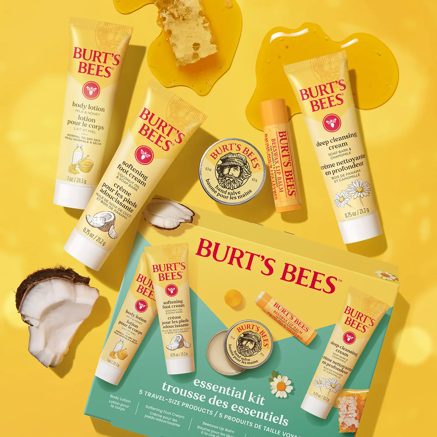 Essential Burt's Bees Kit | Travel Size Natural Skincare Gift Set with Lip Balm, Body Lotion, Hand Salve, Foot Cream & Facial Cleanser Moisturize Beeswax, Honey, Smooth Chamomile Deep Cleansing, Hydrate