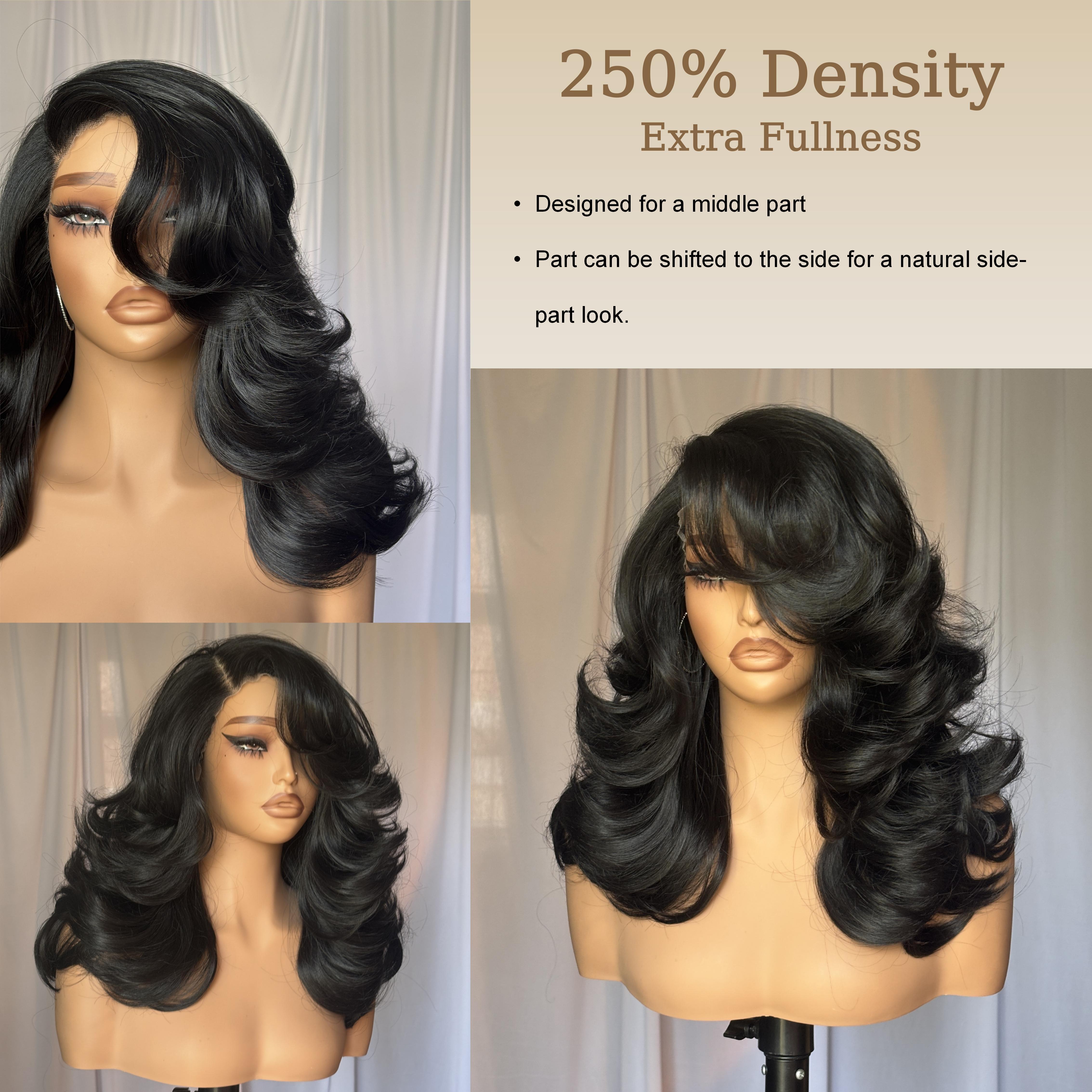 [Detroit Layers] Beginher Hair Extra Full & Voluminous 20 inches Middle Part Heat Resistance Fiber 250% Density Big-Head Friendly Kash Doll Curl Farrah Fawcett Layers 4x4x1 T-Part Lace Synthetic Pre-Cut Glueless Wigs Natural Black Color