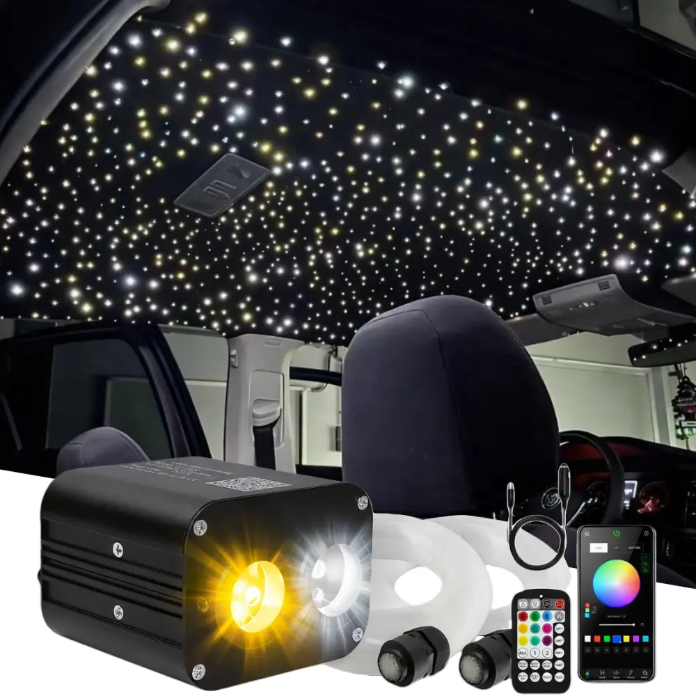 Twinkle Dual-Color Fiber Optic Starlight Headliner Kit for Cars, 1000pcs 0.03in 9.8ft End-Glow Fiber Strands, 20W RGBW Sound-Activated Car Interior Lighting with Remote & Music APP Control,  16 Millions Color Changing  Car Decorative Lights