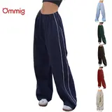 Ommig Women's Parachute Wideleg Pants Baggy Y2K Elastic Waist Wide Leg Track Pants Trousers Casual