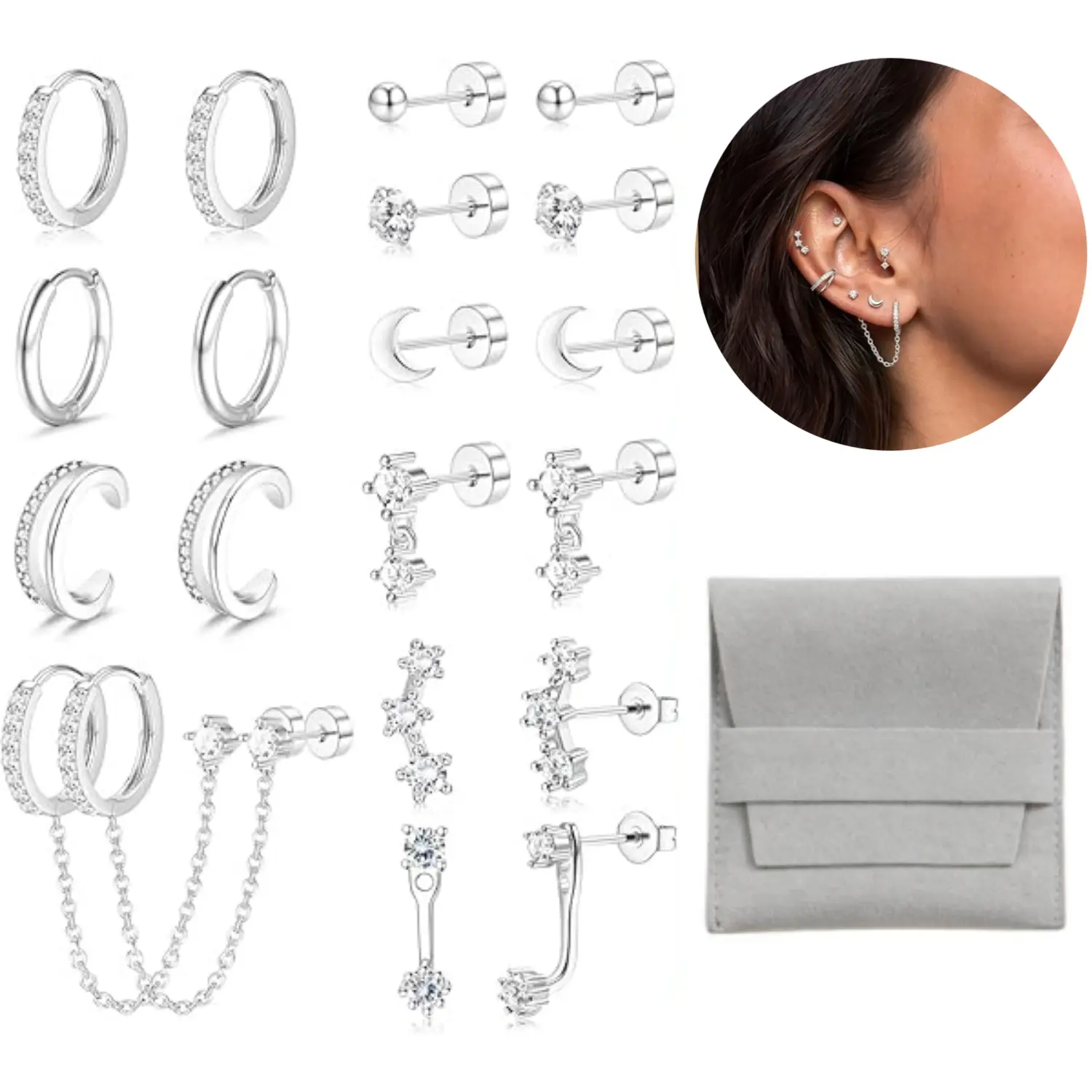 Earrings for Women Hypoallergenic 20G Surgical Stainless Steel Flat Back Stud Earrings Dainty Stackable Earring Stacks Small Cartilage Earring Sets for Multiple Piercing