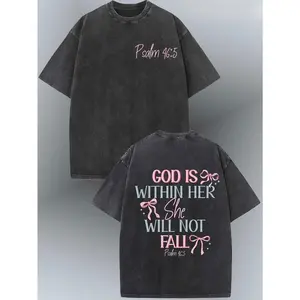 230g Washed Cotton T-Shirt - Dual-Sided Inspirational Design "GOD IS WITHIN HER SHE WILL NOT FALL" & Psalm 46:5, Retro Vintage Loose Fit Unisex Top for Men & Women, Spring Summer Casual Wear