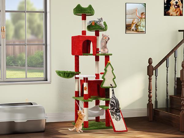 YITAHOME 54/75 Inch Green Red Cat Tree Tower for Indoor Cats, Multi-Level Cat Climbing Tower with Cat Condos, Top Perches, Hammock, Sisal Scratching Posts and Board, Kittens Play Activity Center, Decor