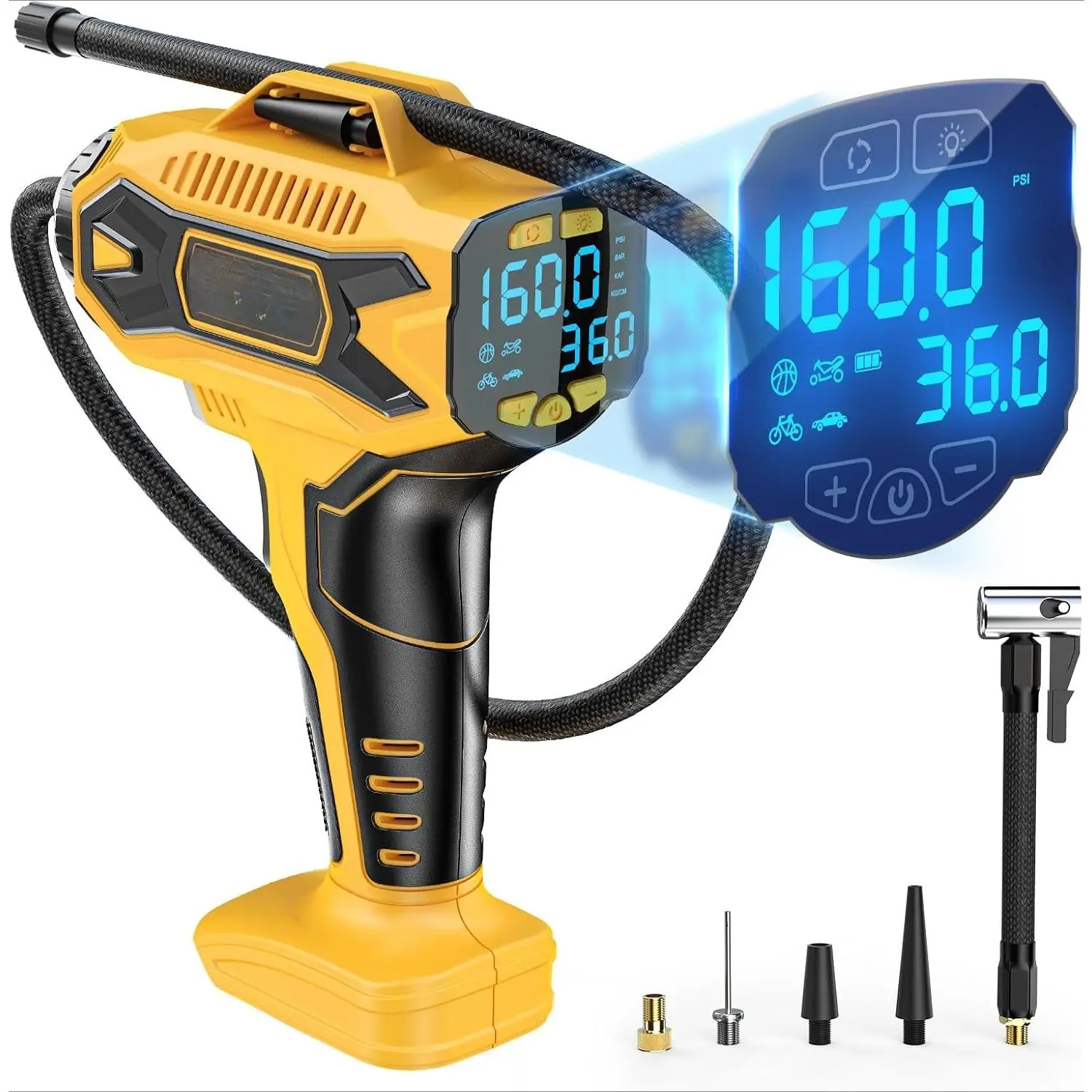 Cordless Tire Inflator Air Compressor - DeWalt 20V Max Battery Compatible, 160 PSI, 125mm Large Cylinder, Digital Pressure Gauge, Automotive/Bicycles/Motorcycle Use (No Batteries Included)