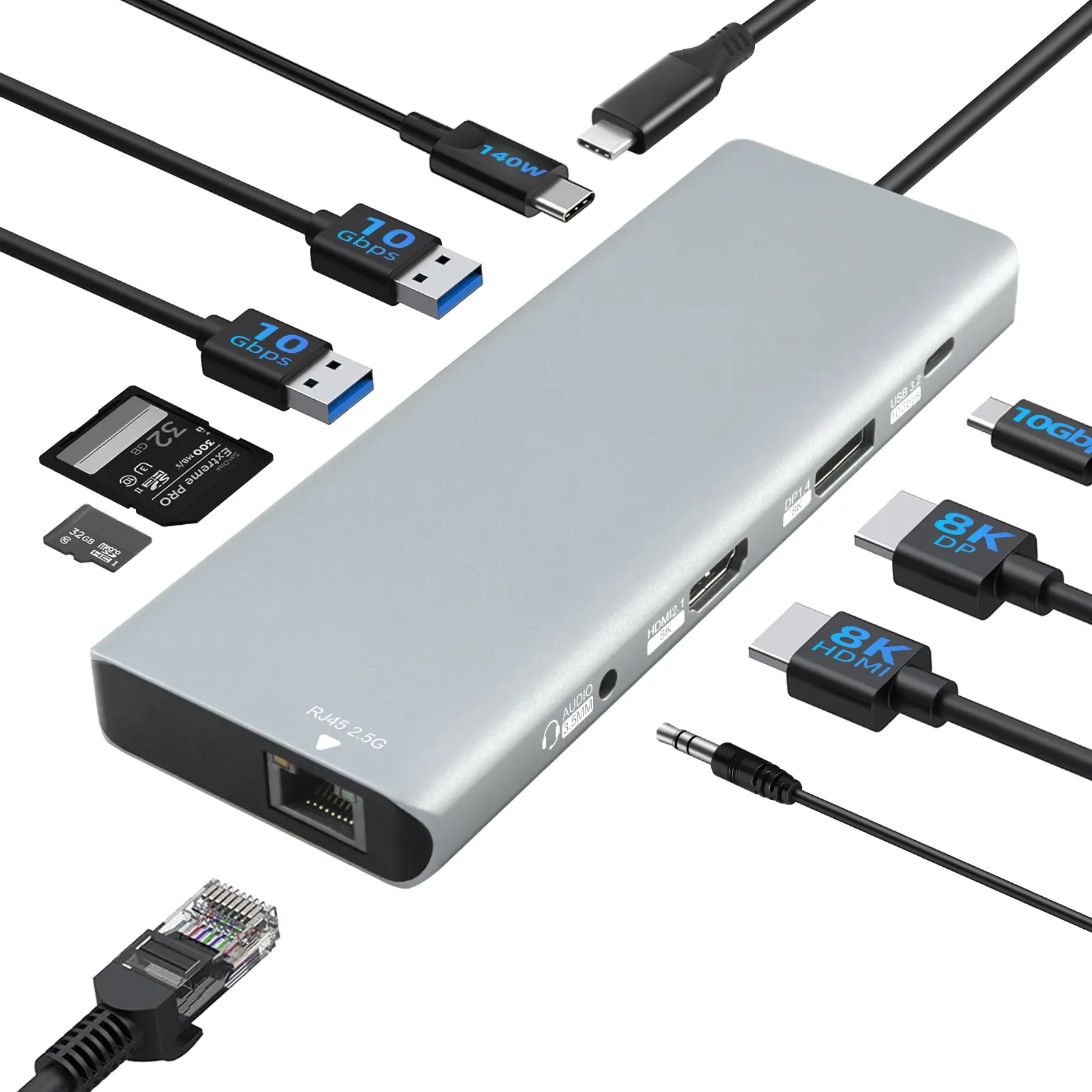 USB4.0 Docking Station 10-in-1 Type C Hub Adapter with 8K HDMI 2.1 DP1.4 140W PD3.1 2.5G Ethernet 10Gbps USB3.2 SD/TF Card Reader for MacBook Dell HP Laptop