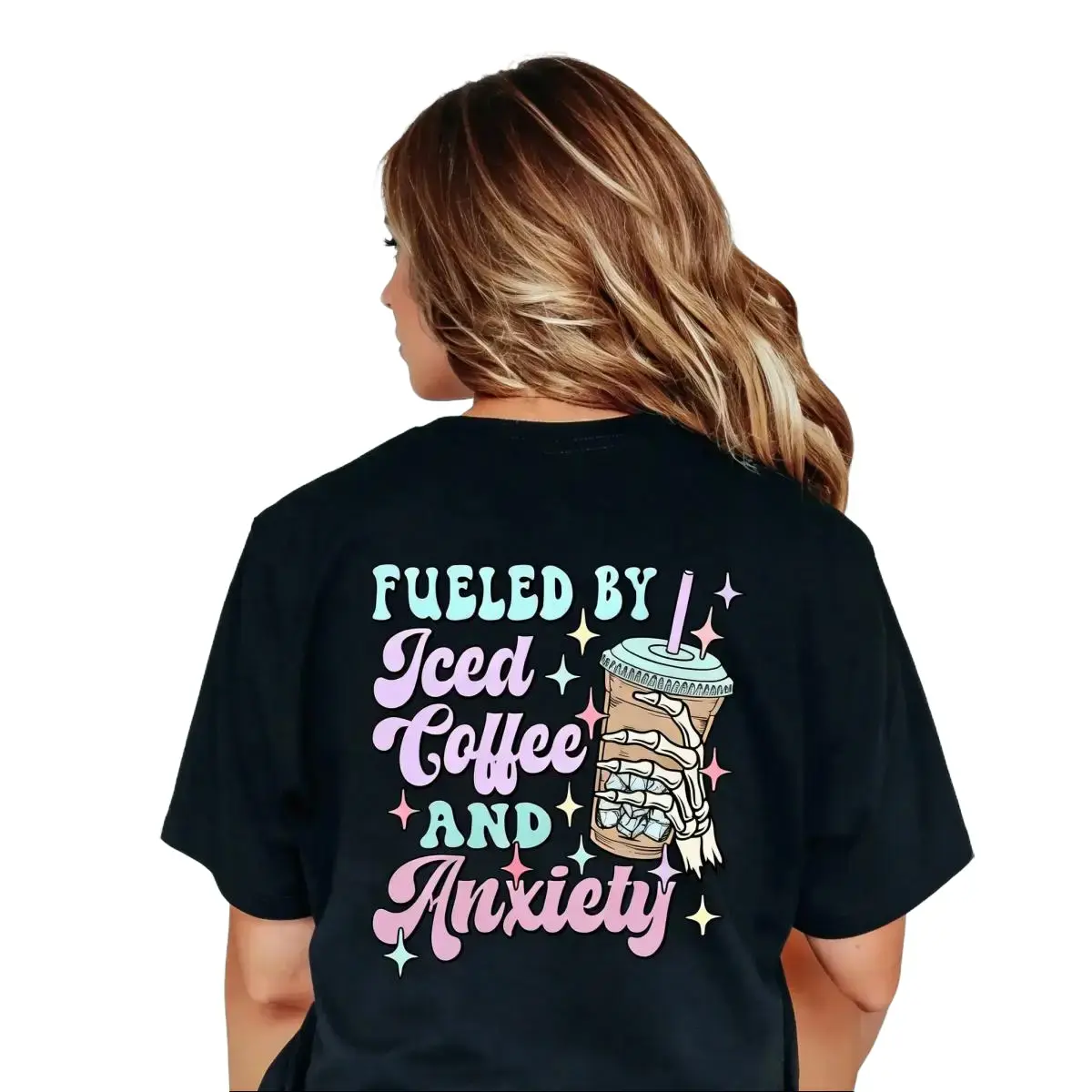 Women's Oversized Y2K Vintage Casual Ribbed Graphic Tee - Summer Aesthetic, Viral Trending Iced Coffee & Anxiety Skull Design, Mental Health Gift for Coffee Lovers, S-5XL Everyday Style Ribbed Fabric