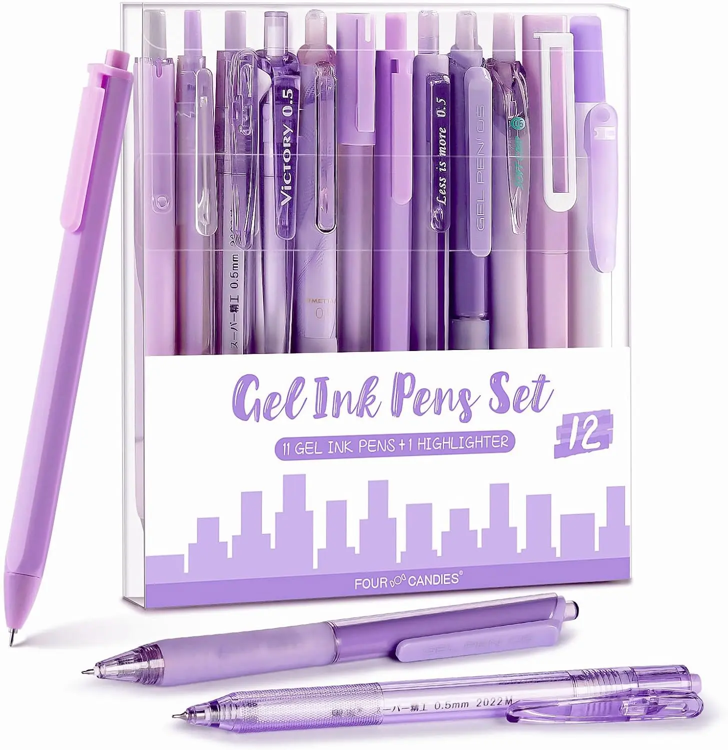 Four Candies 12Pack Retractable Gel Pens,0.5mm Fine Point Pastel Gel Pen Set,Note Taking Aesthetic Pens, 10 Black,1 Pink Ink with 1 Highlighter,Smooth Writing magical Pens gift(Pink/Blue/Brown/Green/Purple)back to school Supplies