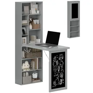 Fold-out Convertible Office Desk, Wall Mount Computer Desk With Blackboard And Side Shelf, Charcoal Gray