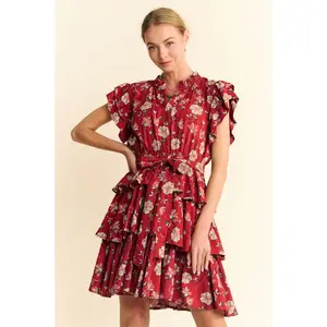 Davi & Dani Ruffle Flutter Sleeve Tie Belt Tiered Mini Dress