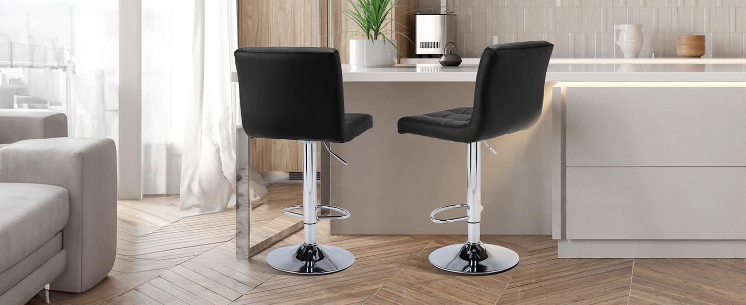 PU Leather Adjustable Swivel Bar Stool,Kitchen Counter Height Bar Stool,Thick Seat Cushion Square Island Bar Stool with Backrest 2 Piece Set