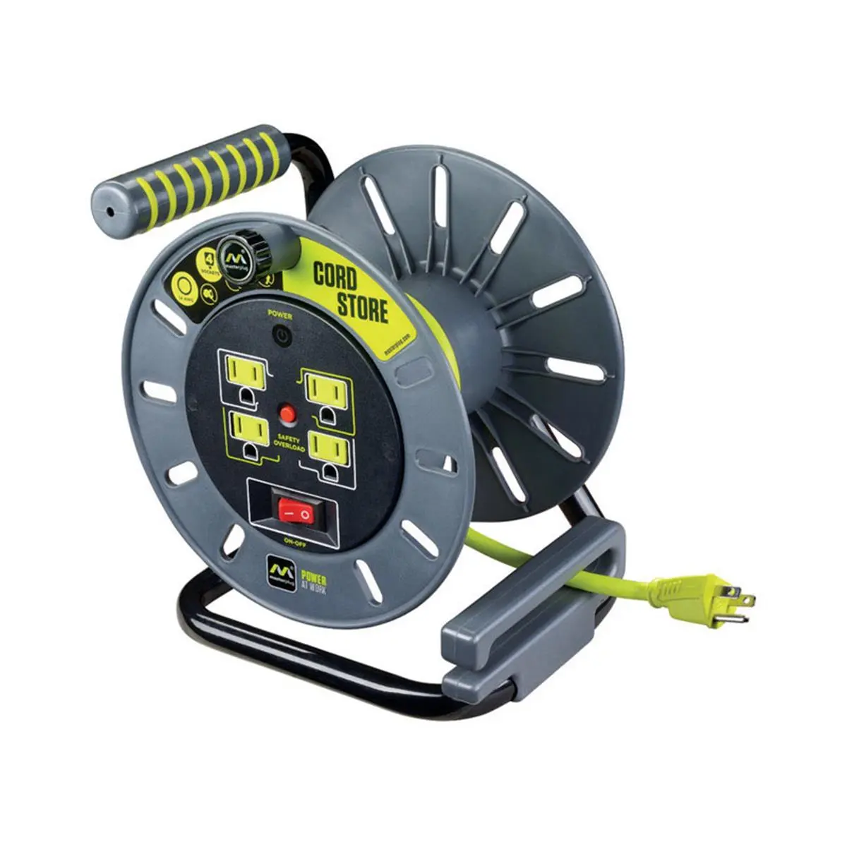 212 MAIN Masterplug ProXT Large-Size Indoor or Outdoor Extension Cord Reel - 3 ft, 13 A, 14 Ga, 4 Outlets, UL Listed, Gray-Green, 3.5 lbs, 9.75 in, Power Outlet, Plastic Body, 13 Amps