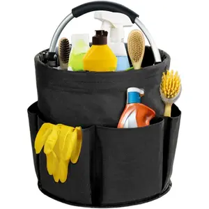 17L Cleaning Caddy with Handle, Cleaning Supplies Organizer, Foldable Storage Basket, Cleaning Supply Caddy, Portable Multi Cleaning Bucket Bag for Home, Garden (Black)