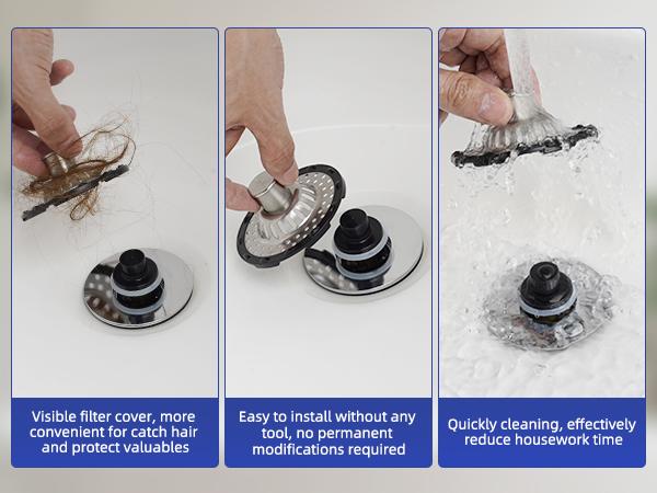 Hibbent Bathtub Drain Stopper with Visible Top Hair Catcher, Innovative 3 in 1 Pop-up Bathtub Strainer Fit for Standard 1.5 to 2.4in Drain Hole, with Detachable Stainless Steel Filter Basket, Chrome