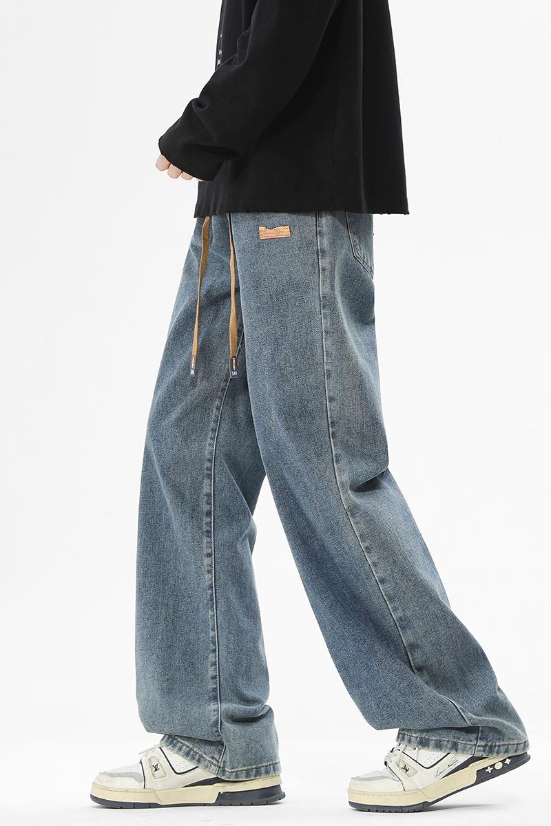 Grand Opening — Men’s Straight-Leg Jeans, Casual Drawstring Elastic Waistband, Heavyweight Washed Denim, Premium Cotton-Rich Blend Fabric with at least 60% cotton Beige Menswear baggy jeans for men Aesthetic