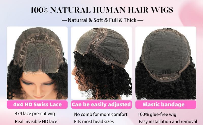 Tnice Short Bob Glueless Wigs Ready To Wear Deep Wave Curly Wigs Human Hair Wet and Wave 4x4 HD Lace Closure Wig For Women Pre Plucked 200%