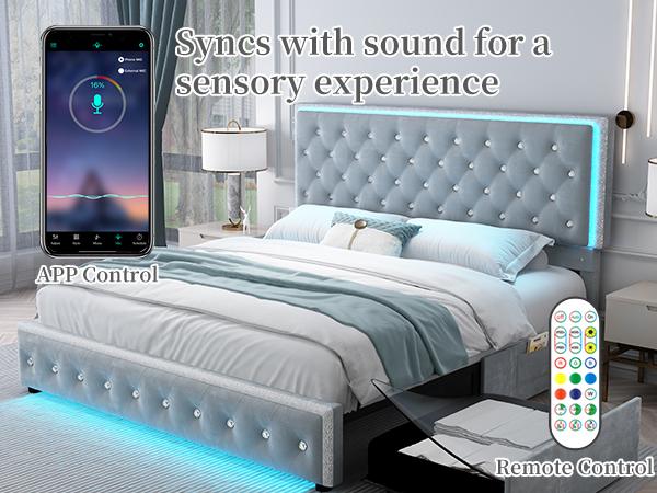 Sibeds Queen LED Bed Frame with 2 Storage Drawers, Adjustable Crystal Tufted Headboard, PU Leather & Velvet, Noise-Free Solid Slats, No Box Spring Needed, Easy Assembly, Modern Design