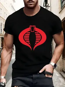 Men's Bold Red Cobra Graphic Tshirt - Stylish Casual Black Top with Eye-Catching Cobra Head Design, Durable Fabric, Sturdy Hem, Ideal for Urban Streetwear & Everyday Wear, Great Gift for Fitness Enthusiasts
