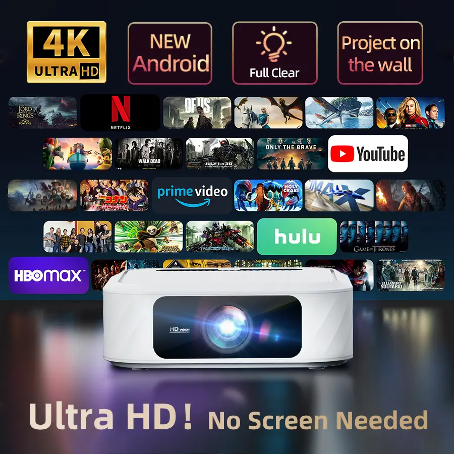 [US Warehouse] Smart Projector - Android 12 HD, 1080P Native, High ANSI Lumens, Dual WiFi 6, BT 5.4, Portable Home Cinema, Smart Projector TV, Video, Ceiling or Wall for Home, Backyard, Android Hd Projector