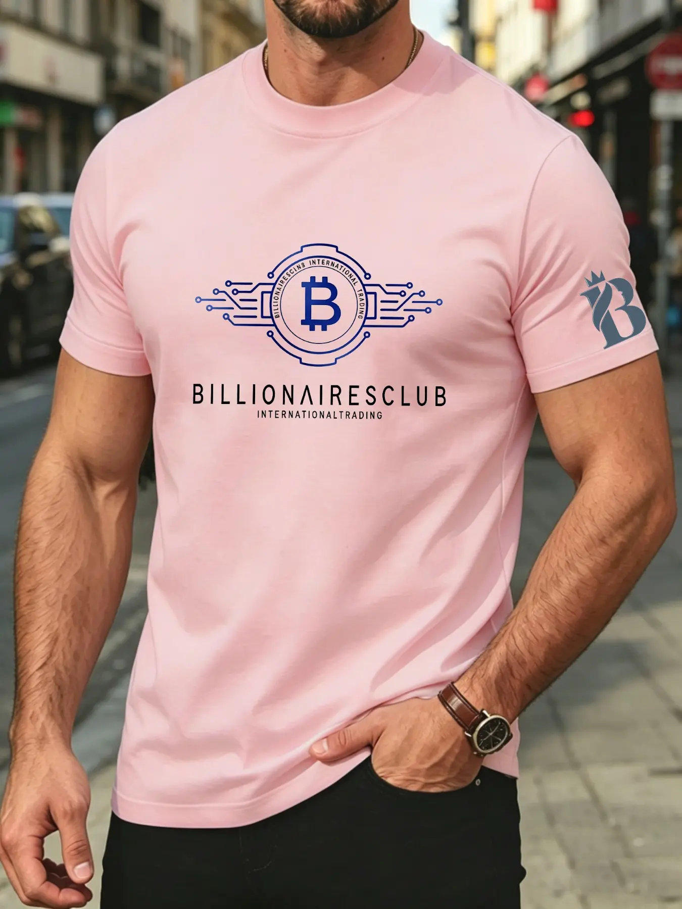 Men's Trendy Bitcoin Badge T-Shirt, Casual Slim-Fit Short Sleeve Top, Summer Essential Round Neck Comfortable Tee, B Crown Print