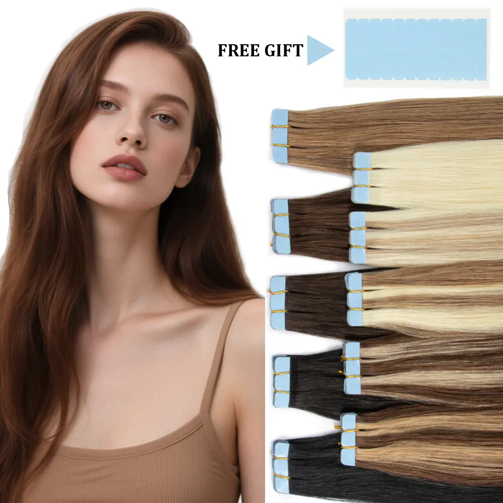 Mini Tape In Human Hair Extensions Real Nautral Straight Machine Remy Hair Seamless Tape Hair Extensions 12inch-20inch 10pcs/pack Easy to Wear Tape In Weft Hair Extensions Human Hair Remy Hair Pieces
