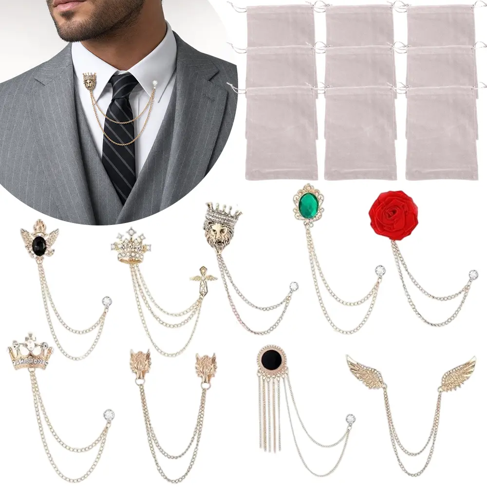 9 pcs Crystal mens Brooches Metal Rose Lapel Pins Tassel Brooch with Stone Detailing Shirts Tie Hat Scarf Brooch Pin for Men