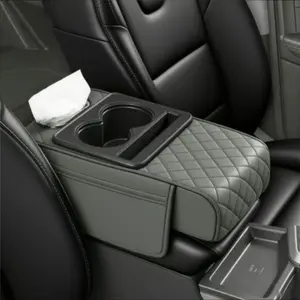 Car Armrest Cushion,5-in-1 Center Console Cover with 2 Storage Bags Cup Holder, Tissue Box Slot, Phone Slot for Sedans, Car Accessories Interior Organizers (Black,Grey)