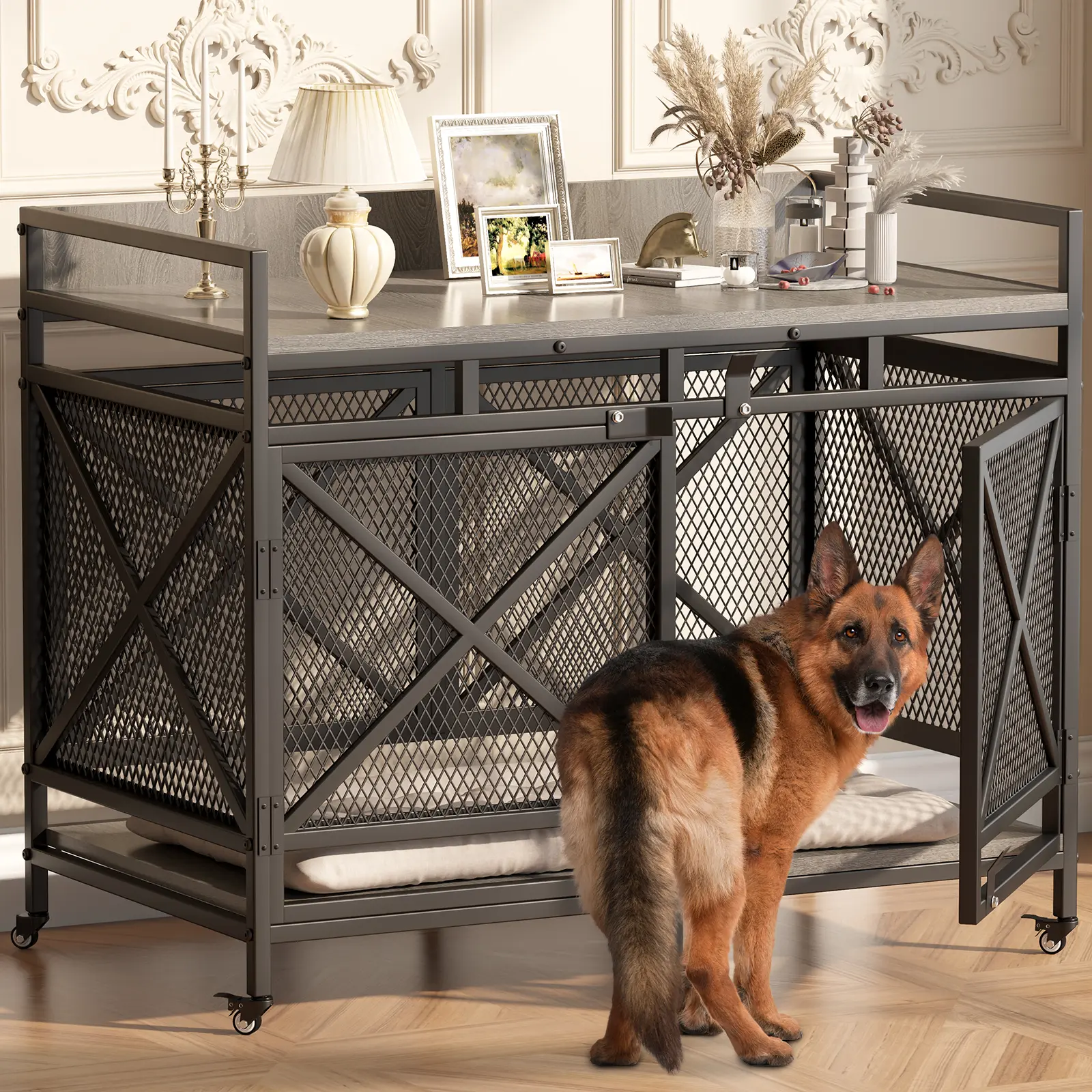 LAST CALL |  COZPAW Large Dog Crate Furniture | 48/52/71/78/86Inch  Wooden Kennel for Extra-Large Dogs | Heavy-Duty Indoor Wire Crate  dogcages dog kennel lockable wheel