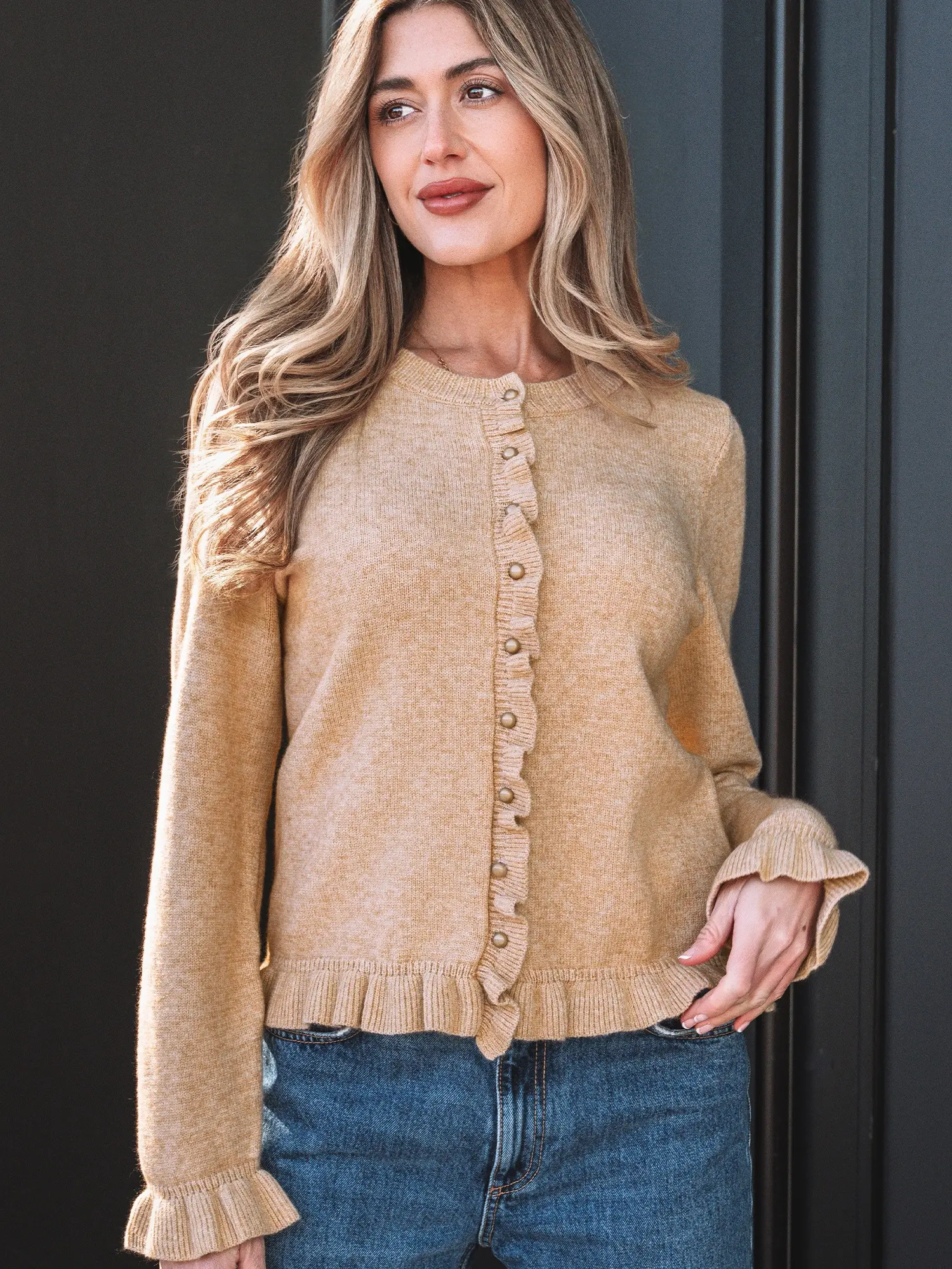 Oatmeal Ruffle Trim Gold Button Sweater Cardigan, Gold Button Cardigan Create A Polished, Elevated Look.