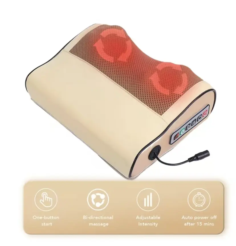 [Renhui] Electric Neck and Back Massage Pillow with Shiatsu Deep Tissue Massager, Dual Heads, Heat Therapy, Portable, Ergonomic Design for Relief