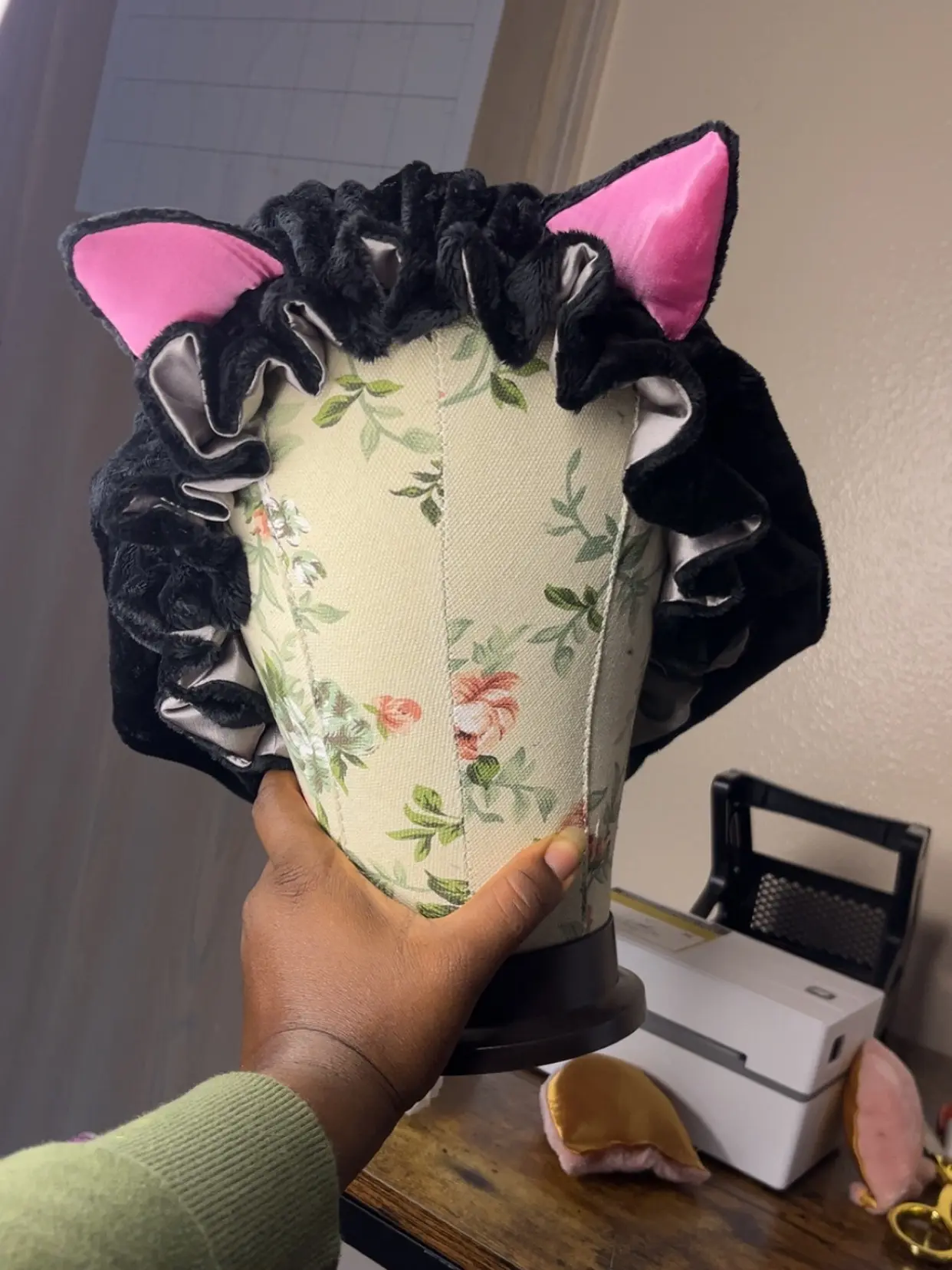 black kitten fur satin bonnet