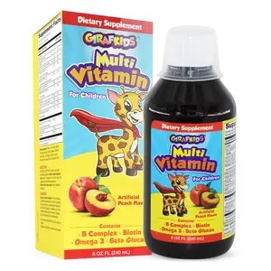 GirafKids Liquid Multivitamins for Kids, Peach Flavor, 8 Fl Oz - Daily Child Vitamins Syrup with Biotin, Vitamin A, B Complex, Folic Acid, Omega-3 & Beta Glucan - Dietary Supplement for Kids Growth and Energy