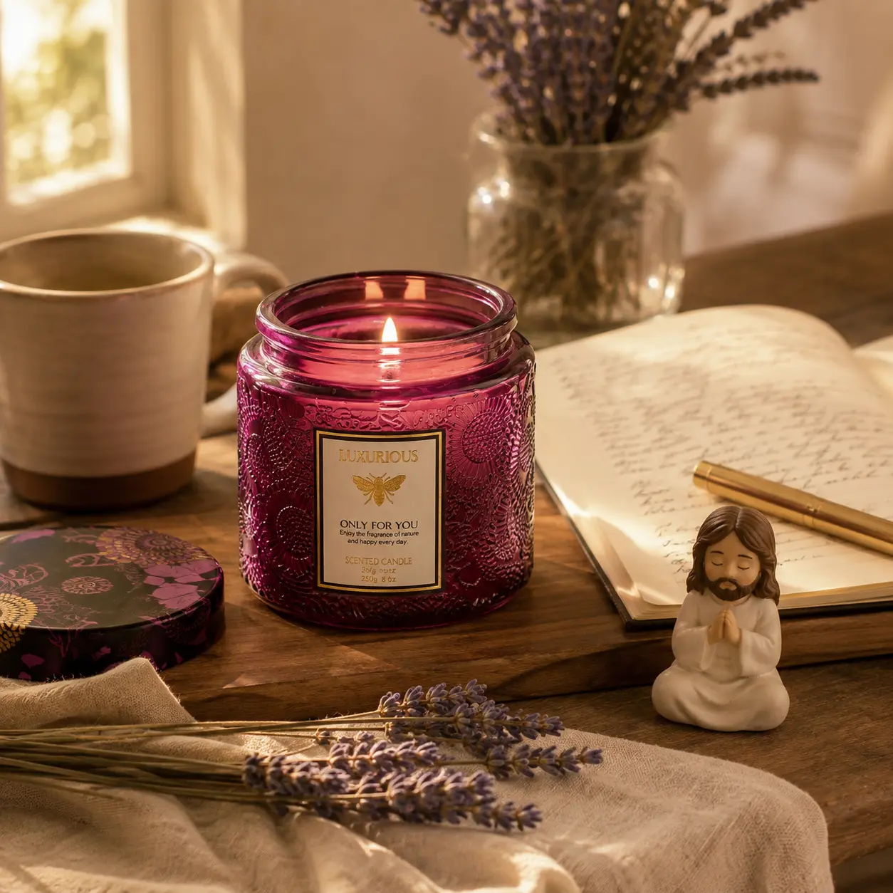 Calming Aromatherapy Lavender Scented Candle, “May God Bless This Grace-Filled Home” Christian Home Decor, Non-Toxic Organic Soy Wax, Vintage Embossed Purple Glass Jar, 50+ Hour Burn Time, 8.8oz