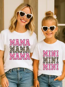 1pc Matching T-Shirt Set for Mother And Daughter - Adorable Shiny Leopard Print for Mom And Mini, Featuring a Relaxed Fit with Sparkly Letters And Paw Print/Heart Design, Perfect for Everyday Wear, Birthday Celebrations, And Summer Outfits