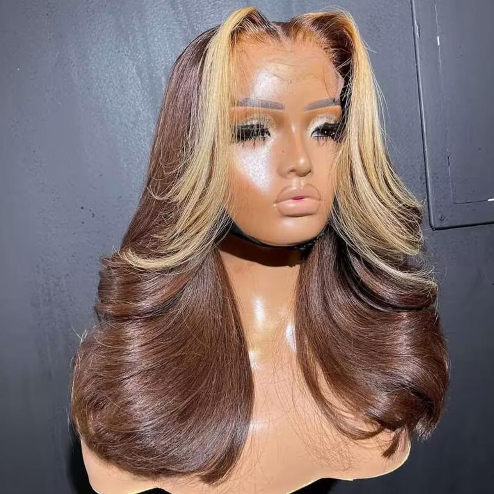 Brown Blonde Highlight Bob Wig Human Hair 13x4 HD Transparent Lace Front Body Wave Bob Wig Pre Cut Pre Plucked Hairline  Short Bob Wigs for Women