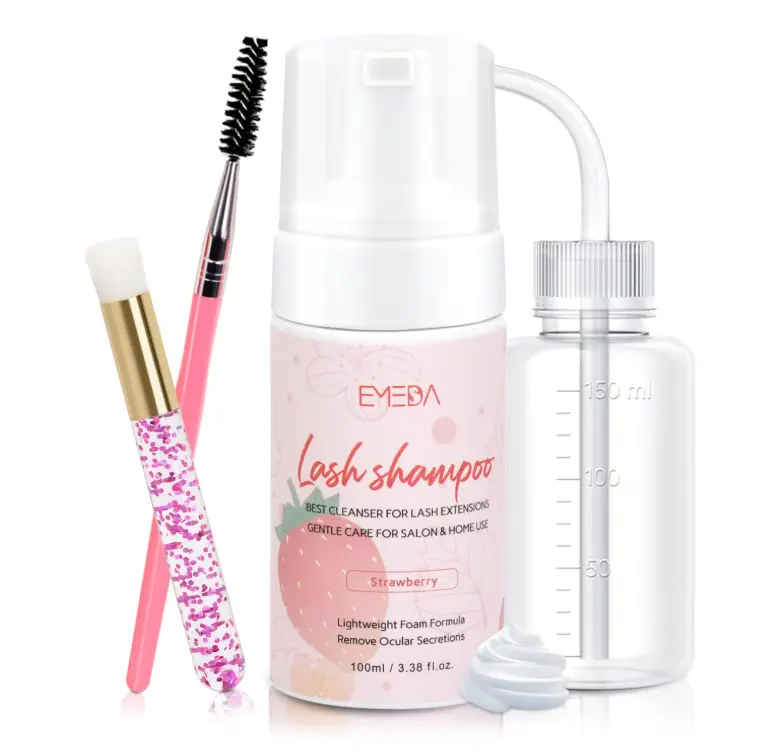 EMEDA Lash Shampoo Kit - 3.38 fl.oz / 100ml Gentle Foam Lash Cleanser, Oil-Free Cleaning for Wash Extension/Natural Eyelash Bath with Rinse Bottle Brush (Strawberries)
