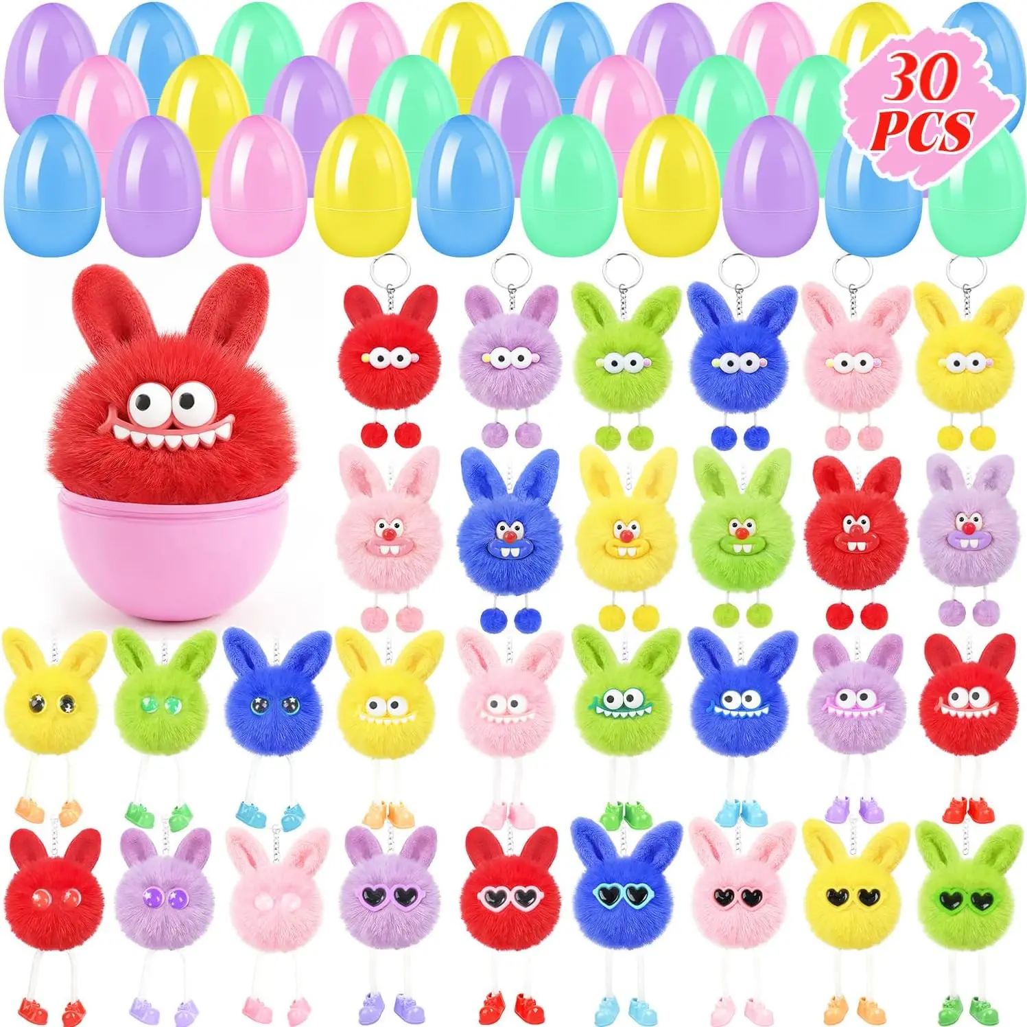 30-Pack Colorful Kawaii Fluffy Keychains with Plastic Eggs, Lightweight & Cozy Plastic Egg Stuffers, Back to School Gifts, Classroom Prizes, Lunch Bags Accessory