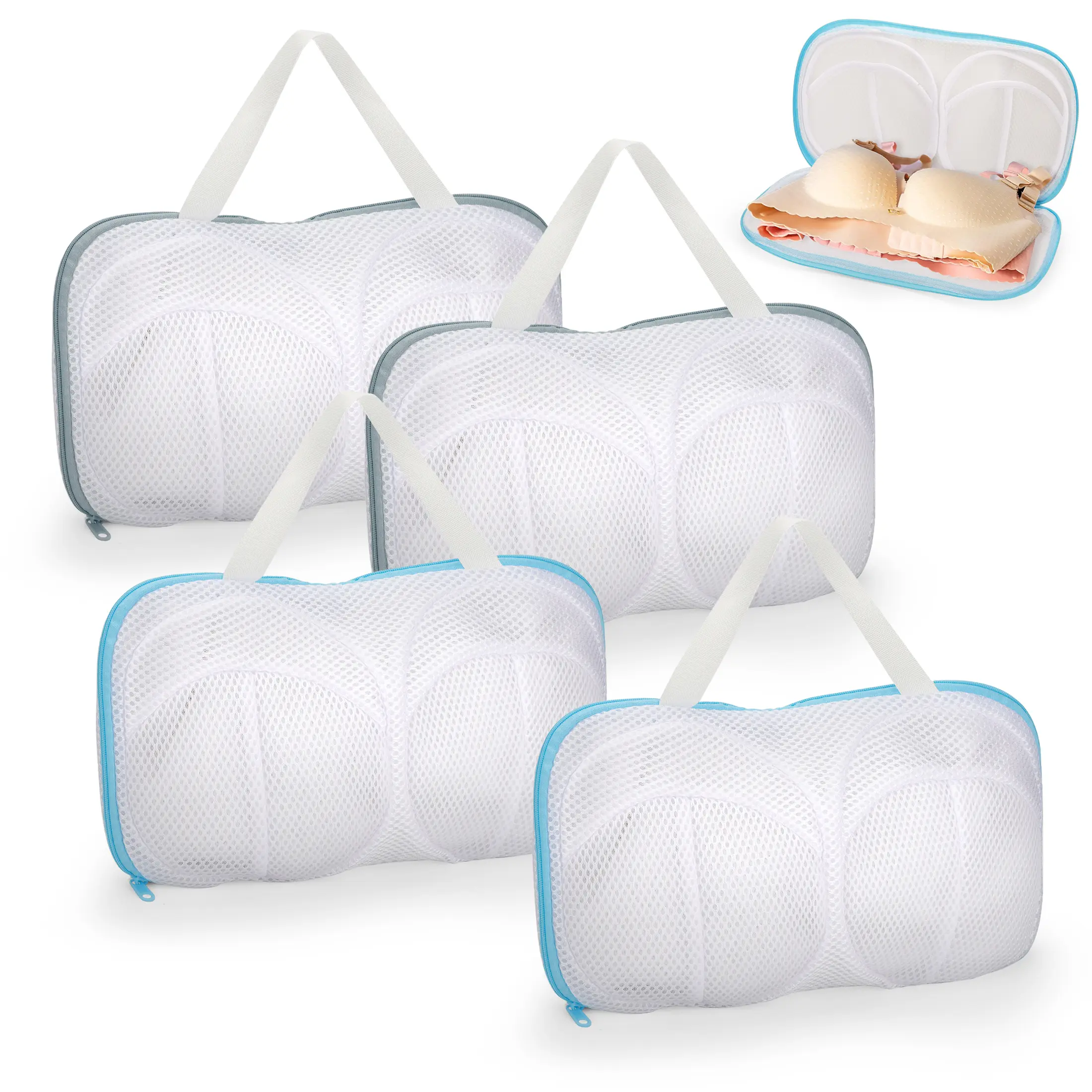4Pcs Textile Mesh Bra Laundry Bags - Zipper-Closure, Breathable, Washable, Anti-Deformation Underwear Protectors for Lingerie Wash, Organizer for Closet Organization, Hanging Handle for Convenient Storage