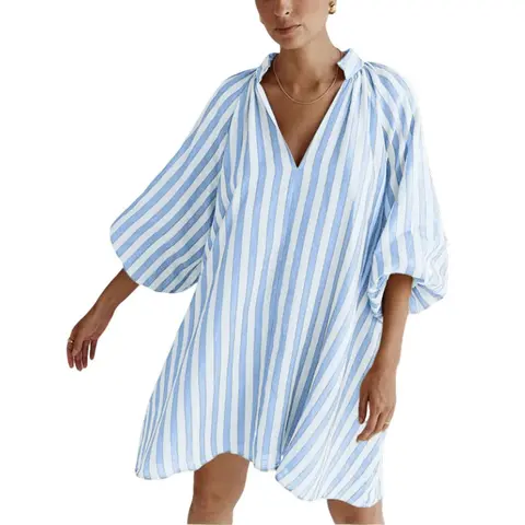 CHARTOU Women's Cute Retro Fit V-Neck Striped 3/4 Sleeve Rayon-Cotton Blend Lantern Balloon Tunic Mini Shift Dress - Camisole Piece, 2 Side Pockets, Summer Beach Wear