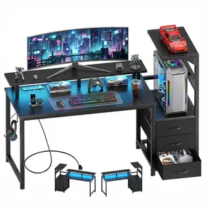 L Shaped Gaming Desk with Shelves Storage Drawers 52", Computer Desks with LED Lights Power Outlets, Office Wood Table with PC Stand Cable Management for Bedroom Dual Monitor Streaming