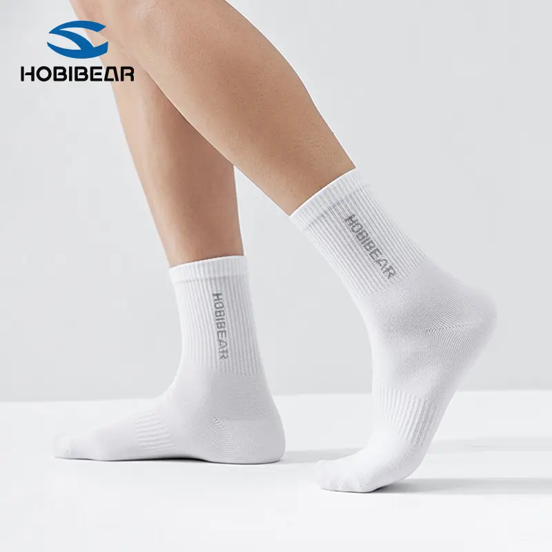 HOBIBEAR Women's Athletic Gym Socks, Ribbed and Cushioned Cotton Blend Crew Socks in White, 1 Pair, Running Socks
