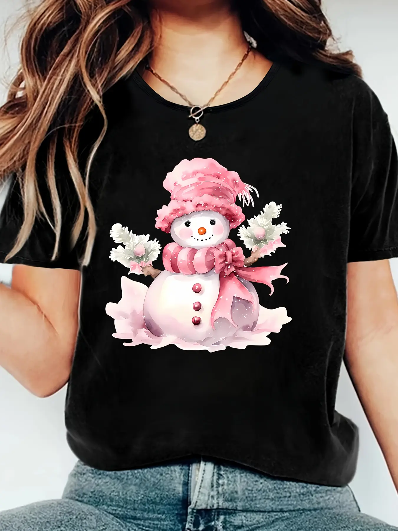 Women's Snowman Print T-Shirt in Soft 100% Cotton Fabric, Casual Round Neck Short Sleeve Graphic Top for Winter Holidays, Shortsleeve, Lady, Tshirt, Machine Wash, Casual Wear, Simple, 4Xl