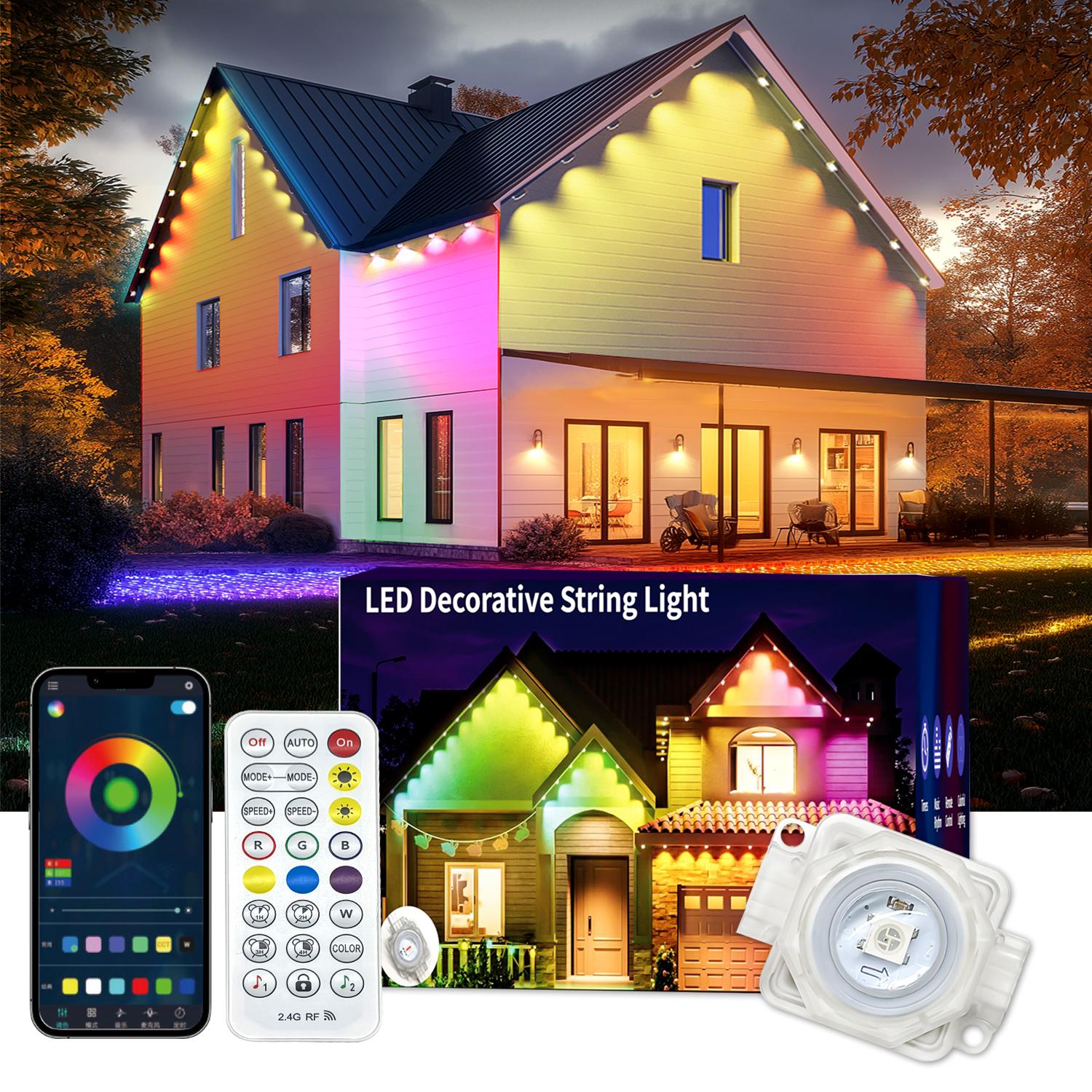 Holiday Lights，DIY LED Scenes Modes for House Roof Decor, Permanent Outdoor Lights, RGB Eave Light, IP67 Waterproof Lighting for House, Smart LED with App/Remote Control for Outdoor Decor, Garden Decor, Party, Holiday, Christmas, Adjustable tuya